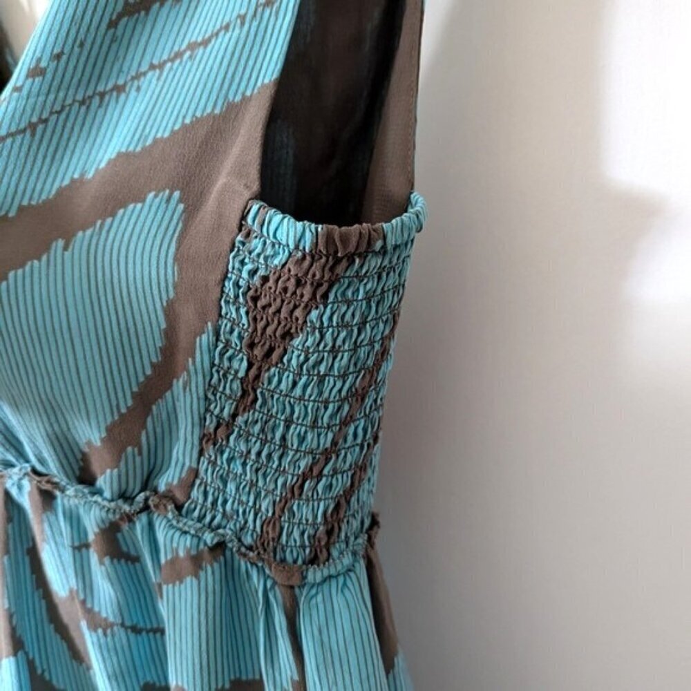 Banana Republic 100% Silk Printed Ruffled Hem Maxi Dress Turquoise Brown Size 0 - Picture 7 of 8